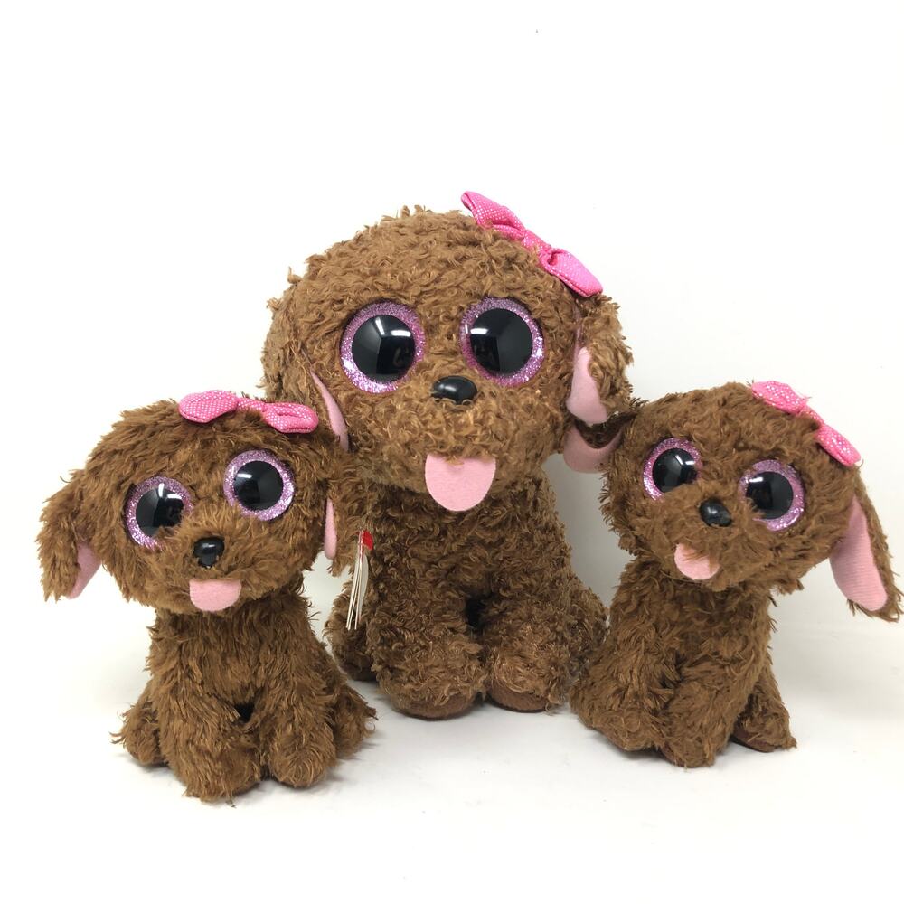 Ty Beanie Boo Maddie Plush Dog Set of 3 Brown Puppy 6" 9"‎ Pink Bow Glitter Eyes